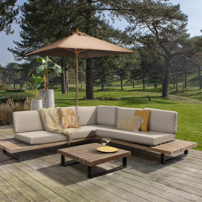 Salon de jardin en bois d'acacia et coussins beige 6 places DOURO