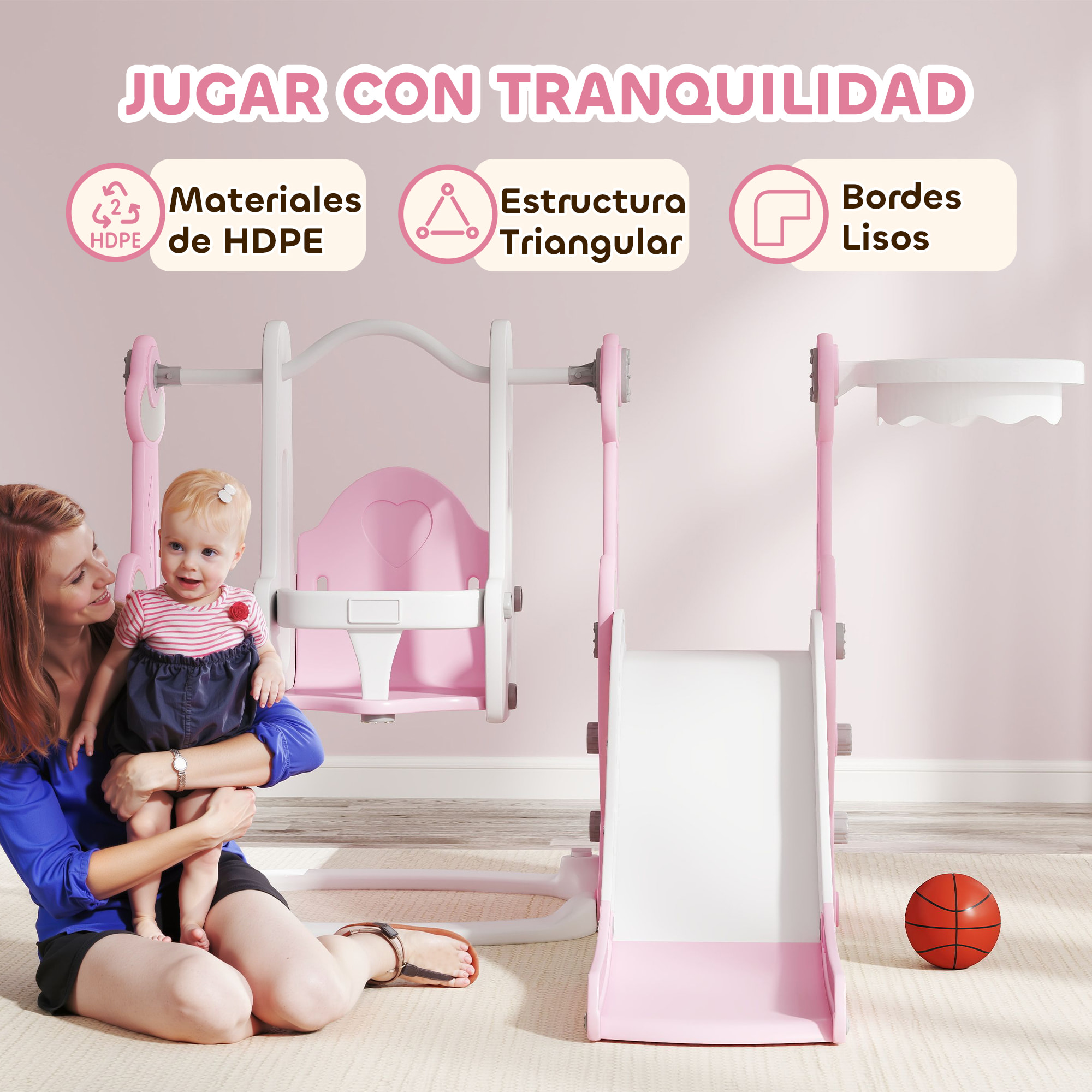 Tobogán Infantil 4 en 1 Parque Infantil con Columpio y Tobogán Escalador Aro de Baloncesto Temática de Cohete para Interior Rosa y Blanco