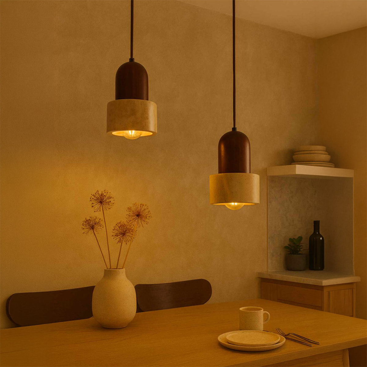 Suspension design 2 spots en travertin et effet bois noyer TIVOLI