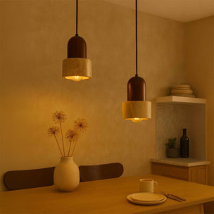 Suspension design 2 spots en travertin et effet bois noyer TIVOLI