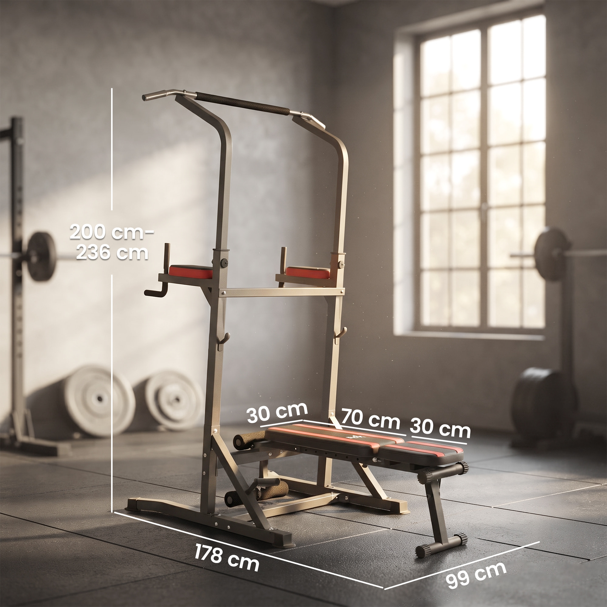 Estación de Musculación Plegable Torre de Entrenamiento Altura Ajustable con Barra de Dominadas Banco Reclinable para Fitness en Casa Gimnasio Carga 150 kg Antideslizante Acolchada Negro y Rojo