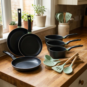Lot de 3 poêles et 3 casseroles Fackelmann Brandao avec 5 ustensiles Ocean