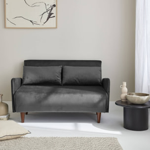 Canapé convertible en velours - Panam - 2 places scandinave. pieds bois foncé. gris foncé. banquette. dossier inclinable