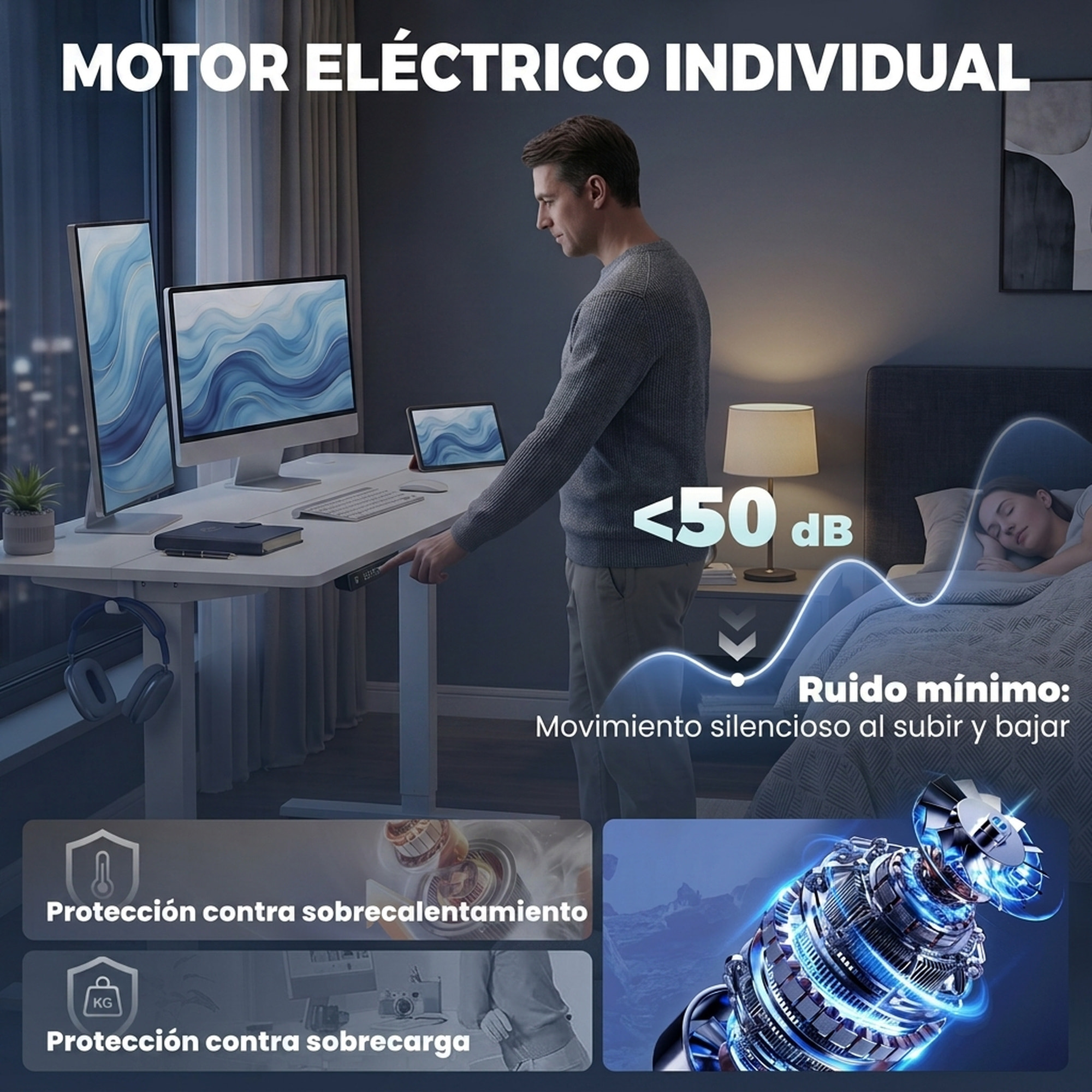 HOMCOM Escritorio Elevable 120x60 cm, Escritorio Eléctrico Regulable en Altura con 3 Alturas de Memoria, Pantalla LED, 2 Ganchos, 2 Pasacables, para Oficina en Casa, Estudio, Blanco