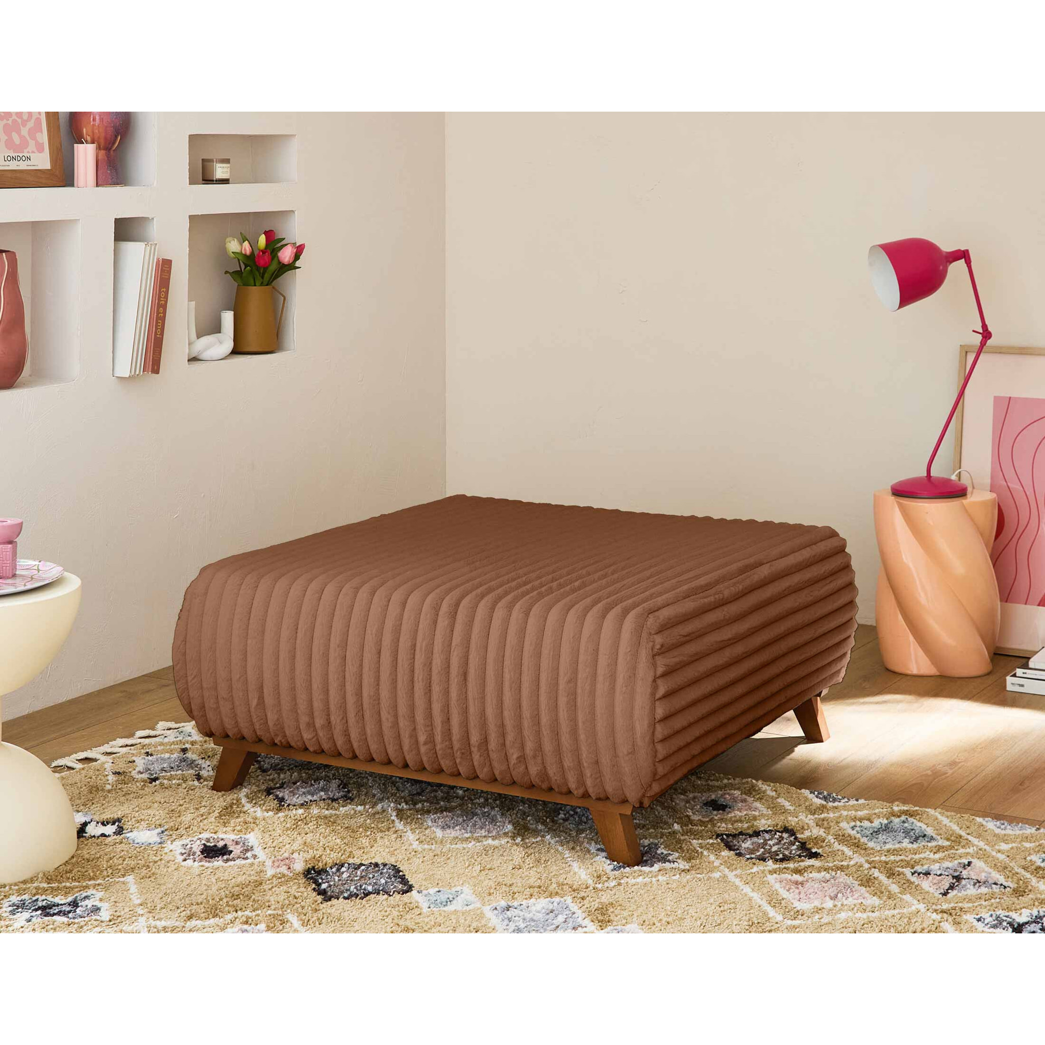Cristal - pouf modulable - 95 cm - en fausse fourrure côtelée - Rouille