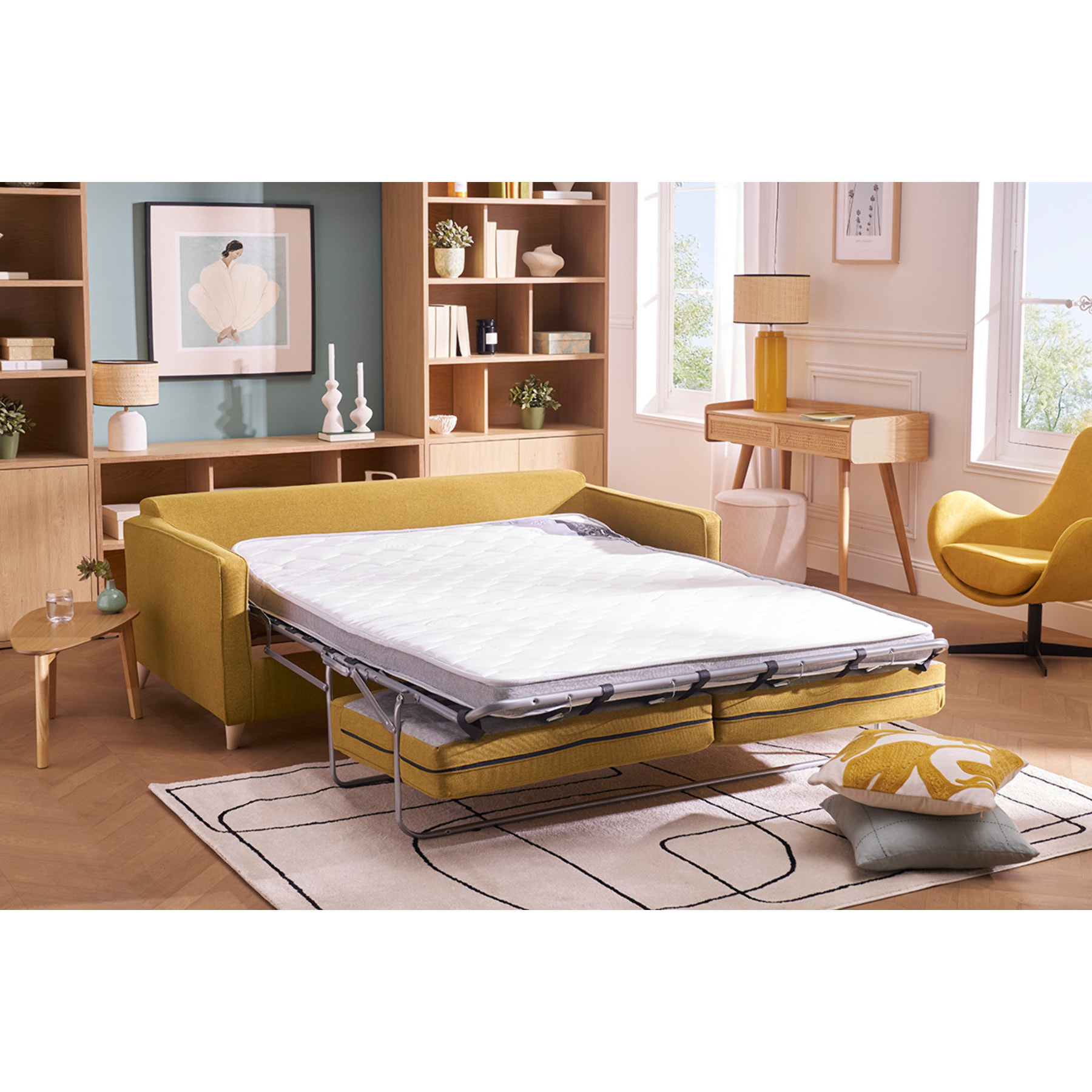 Canapé convertible scandinave 3 places en tissu jaune cumin et bois clair avec matelas 10 cm PAPEL