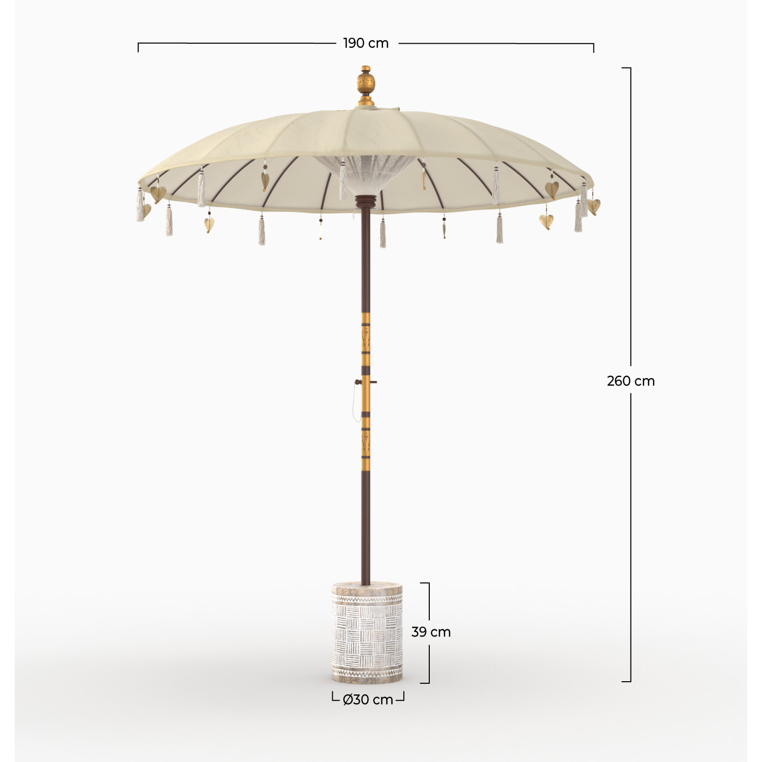 Ensemble parasol en tissu crème et pied de parasol en bois - Ali