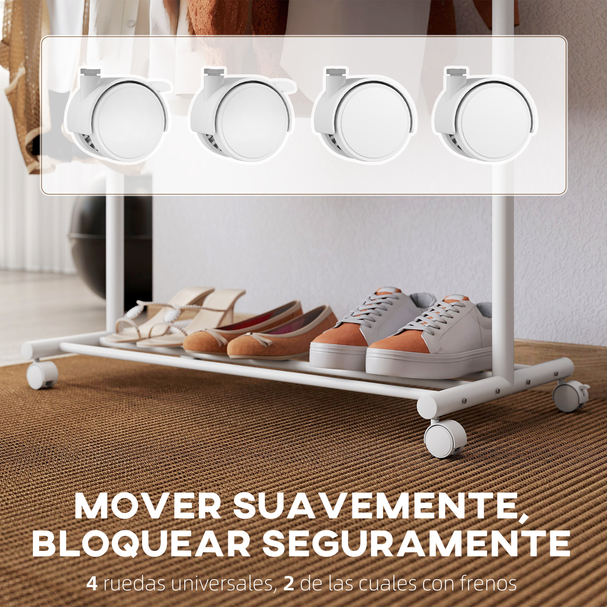 Burro Ropa con Ruedas, Perchero Burro Ropa con 5 Ganchos Barra para Colgar y Balda Inferior Perchero para Recibidor, Entrada, Dormitorio, 86x43x171 cm, Blanco