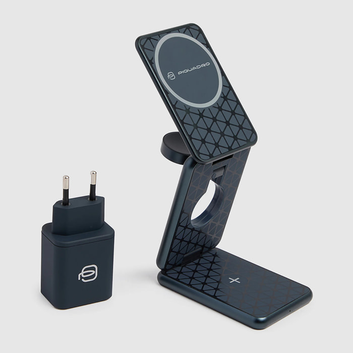 Piquadro Chargeur MagSafe pliable 3-en-1 15W avec adaptateur GaN 45W et base magnétique pour appareils Apple®