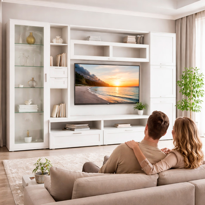 Parete Attrezzata Soggiorno Con Vetrina 6 Ante Battenti E 3 Ribalte Ampio Mobile Porta TV Con Ripiani Design Moderno Living 300 x 50 x 215 Cm Bianco