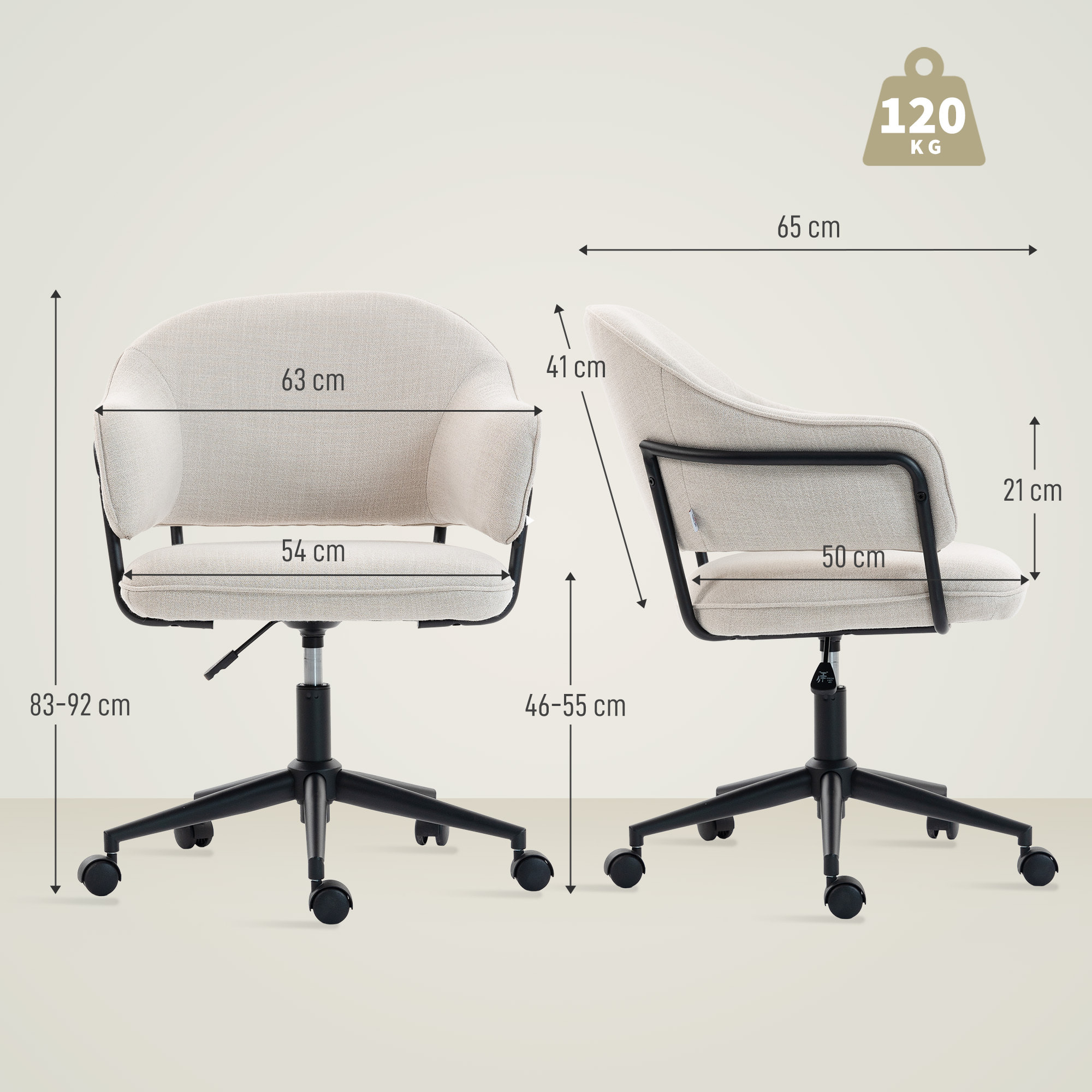 Chaise de bureau design ergonomique réglable dossier enveloppant ajouré métal noir tissu beige