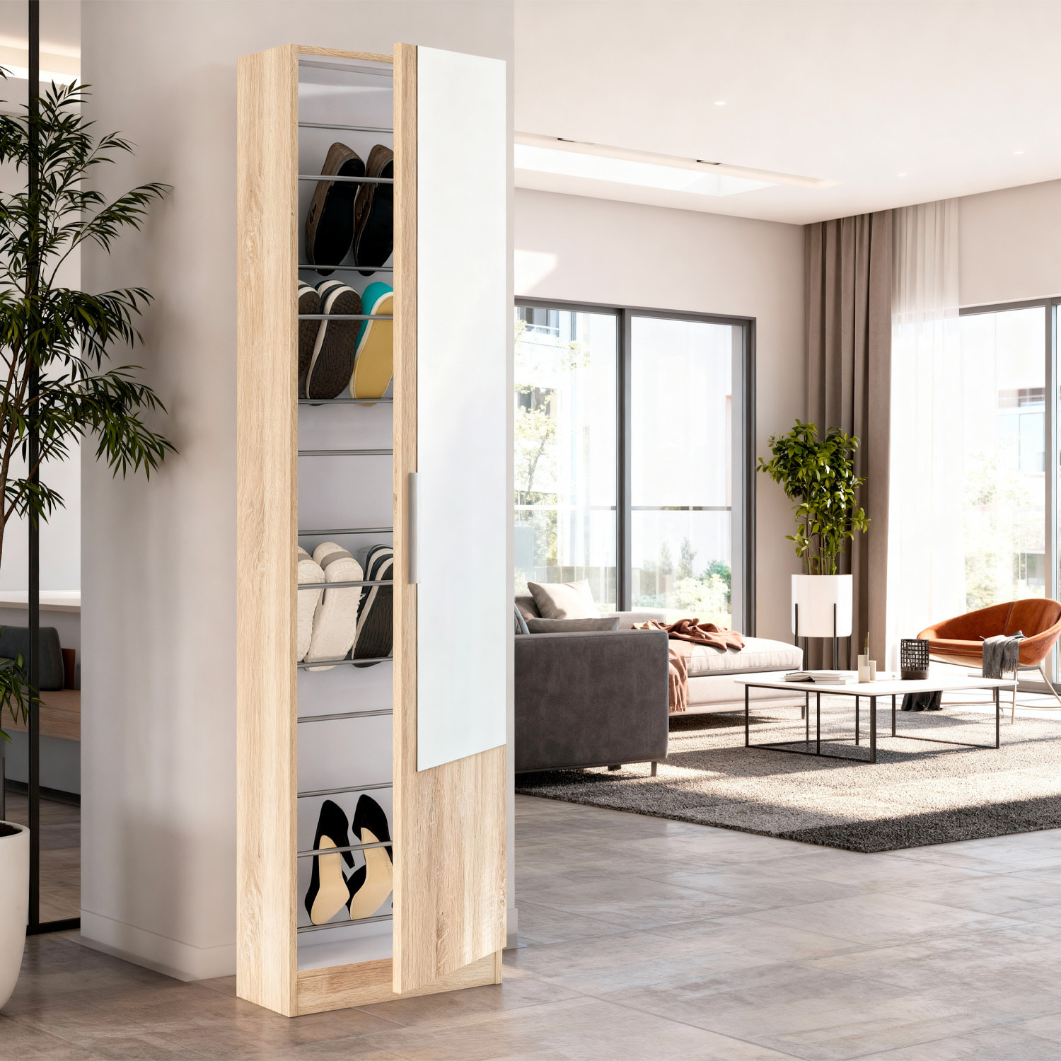 Scarpiera Armadio Portascarpe Con Specchio A Tutta Altezza Salvaspazio Mobile Verticale Per Ingresso Camera 16 Paia di Scarpe 180 x 50 x 22 Cm Rovere