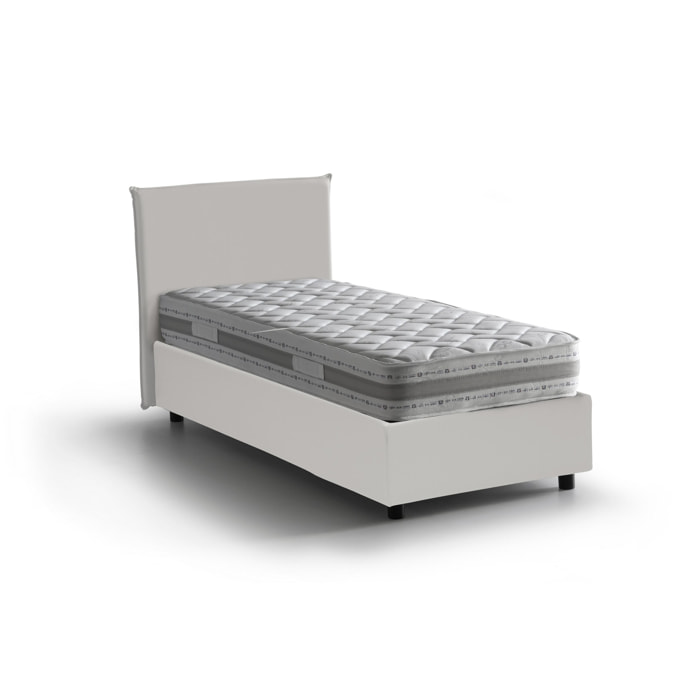 Letto singolo Brigitta, Letto contenitore con rivestimento in ecopelle, 100% Made in Italy, Apertura frontale, con materasso Cm 80x190 incluso, Bianco