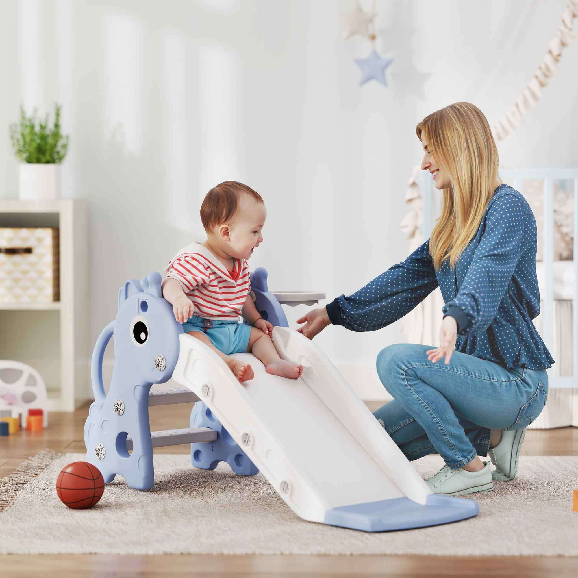 Tobogán Infantil 3 en 1 Tobogán para Niños de 1 a 3 Años con Escalera Canasta de Baloncesto y Diseño de Jirafa para Interior 106x51,5x52 cm Azul