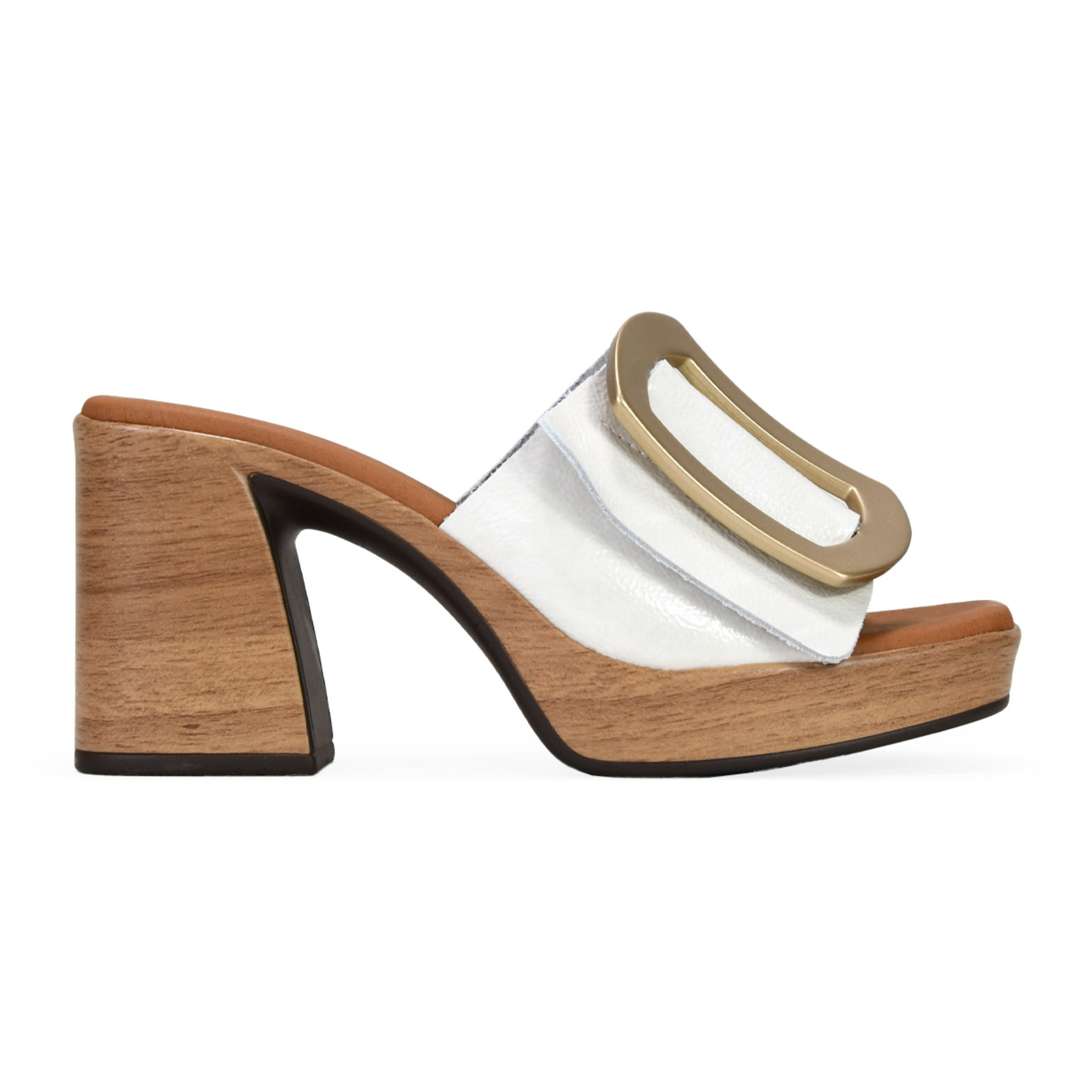 Sandalias de piel blancas con tacón efecto madera