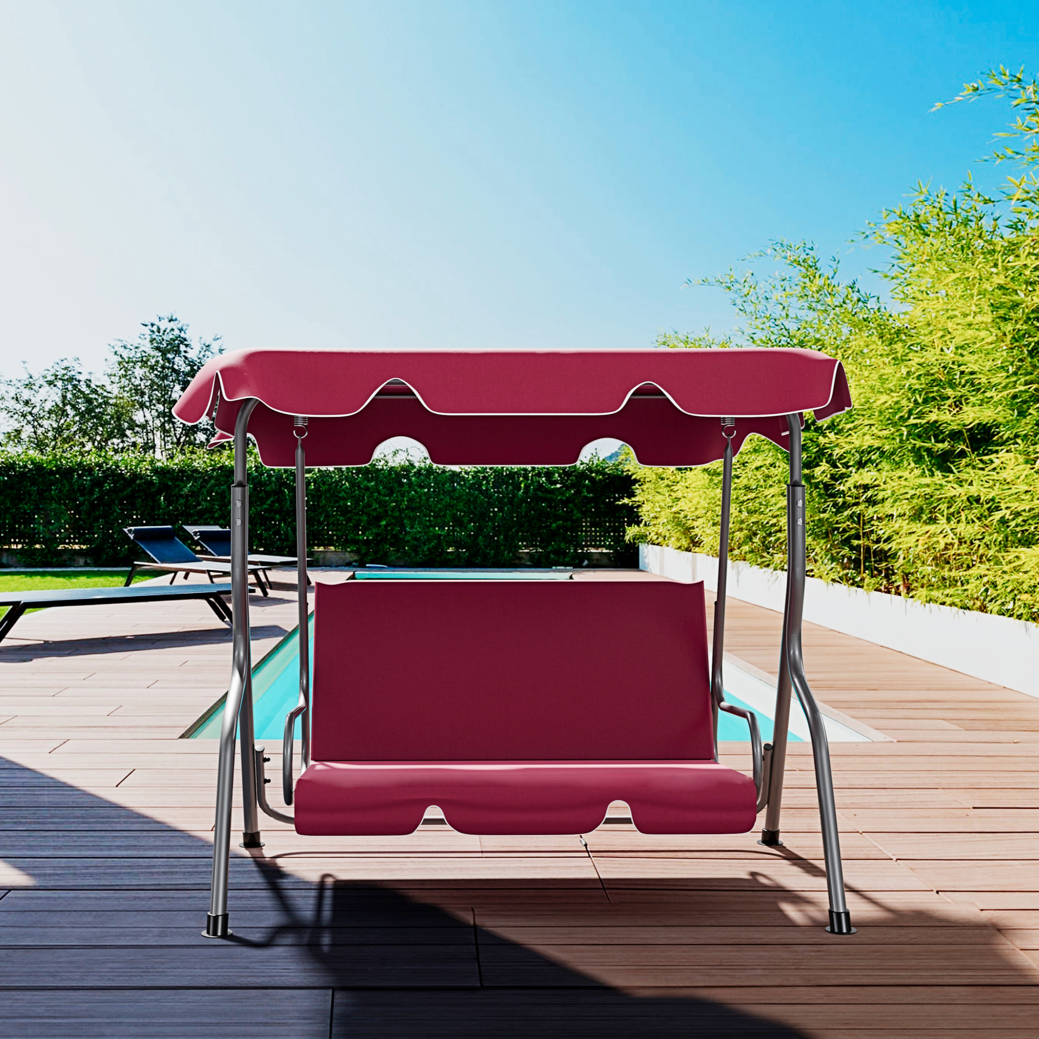 Dondolo 3 Posti Algarve Con Tettuccio Parasole Regolabile Cuscini Imbottiti Struttura Robusta In Acciaio Da Giardino 170 x 110 x 153 cm Bordeaux