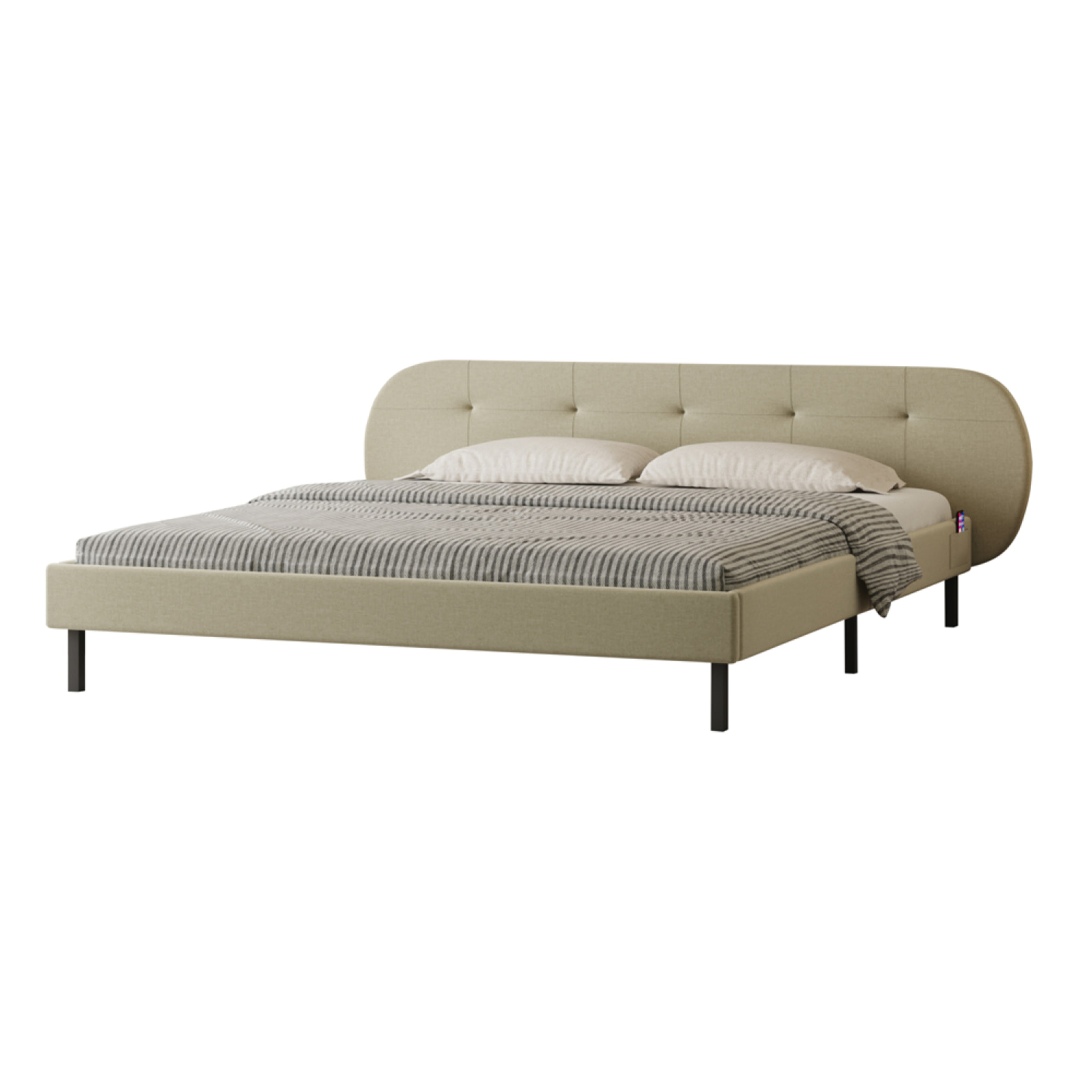 RENO Lit capitonné 140x190cm beige avec tête de lit et sommier