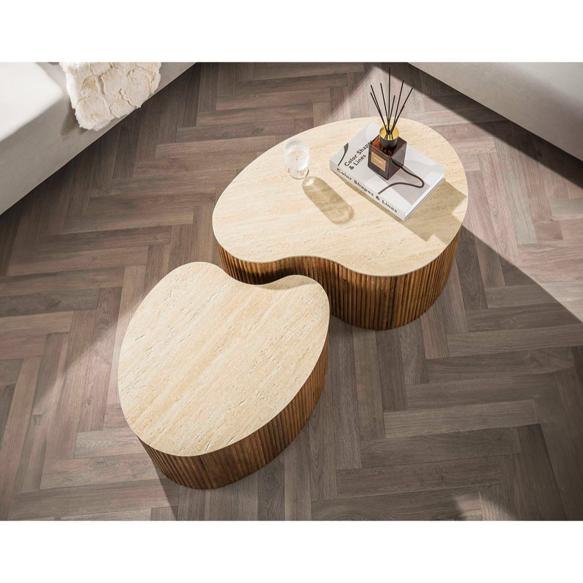 Jade - lot de 2 tables basses gigognes effet travertin - pieds en bois massif de manguier - 93 et 76 cm - Bois / Beige