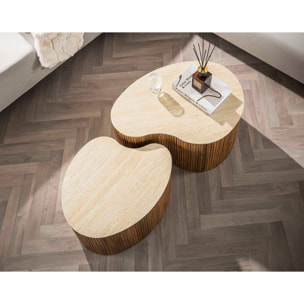 Jade - lot de 2 tables basses gigognes effet travertin - pieds en bois massif de manguier - 93 et 76 cm - Bois / Beige