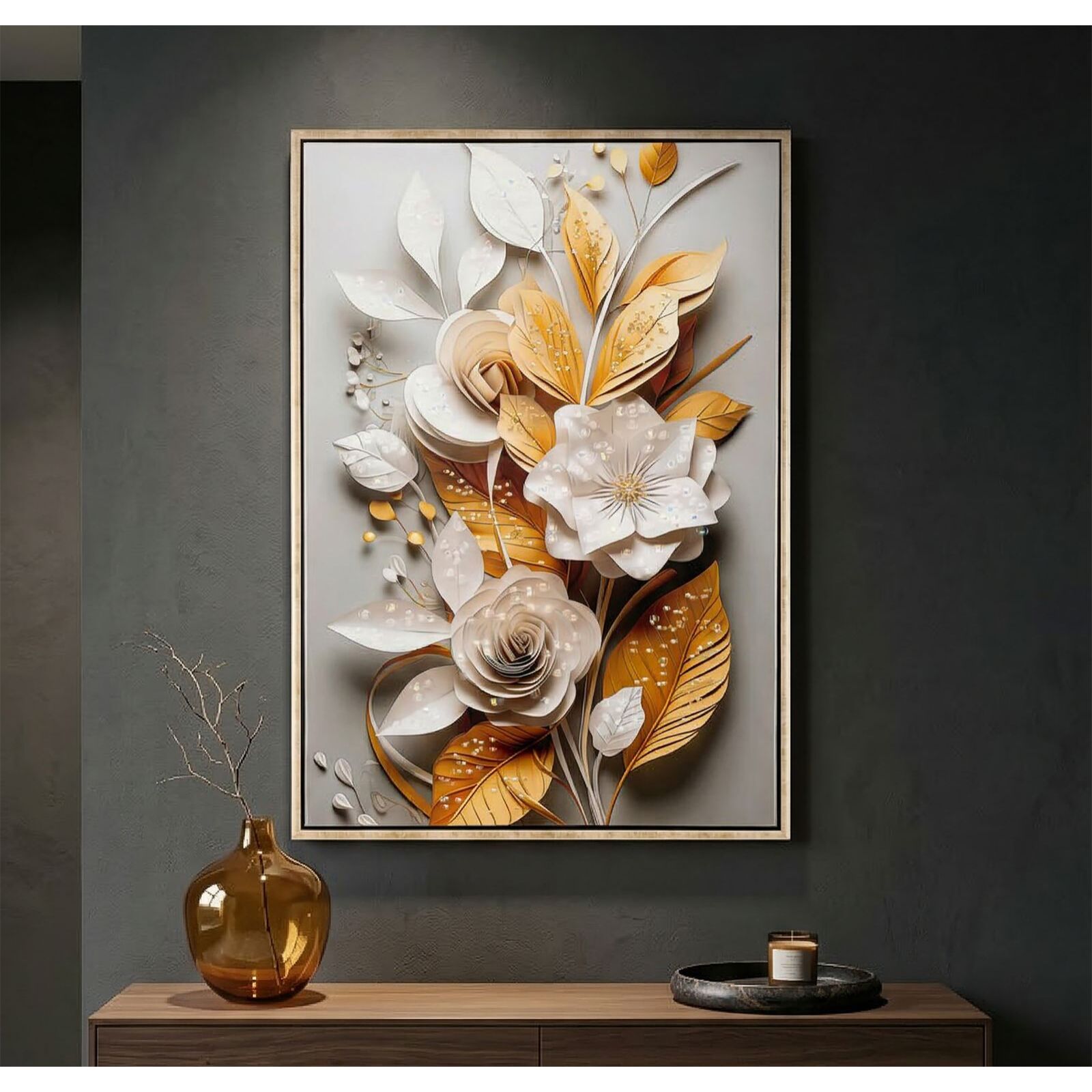 DIPINTO SU TELA LACCATO FLORA C/CORNICE CM 42X3,5X62
