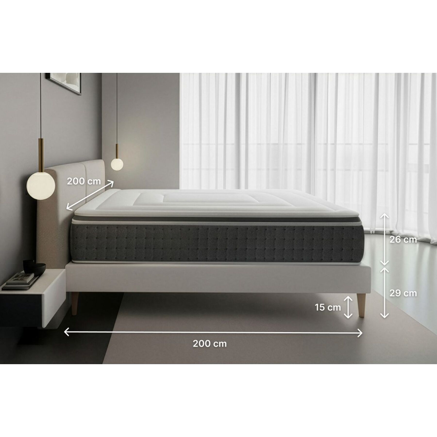 Ensemble Matelas Vingt-Six PLUS - 26cm - Ressorts ensachés et mémoire de forme - Surmatelas intégré - Sommier kit Gris