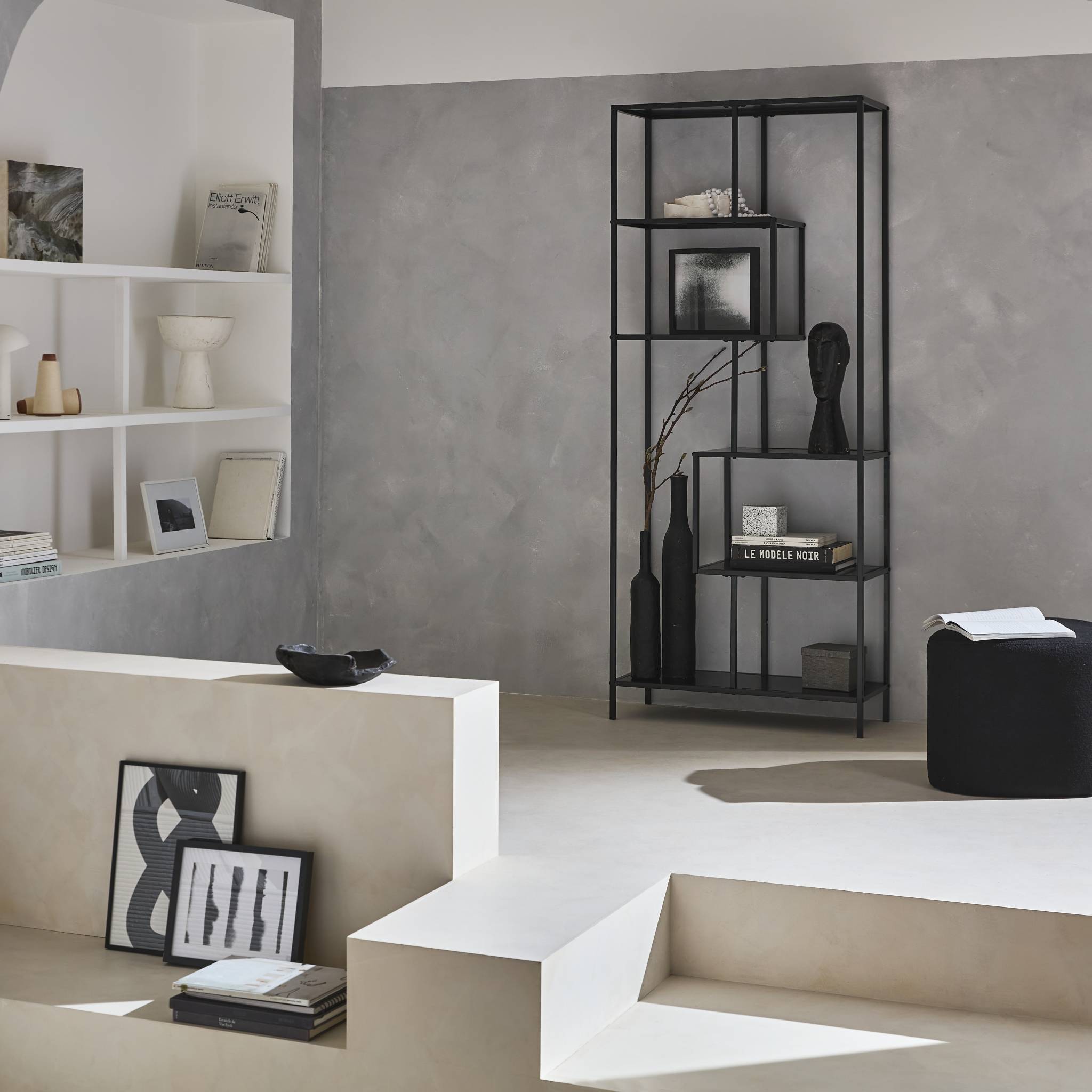 Etagère bibliothèque asymétrique 6 étages en métal noir INDUSTRIELLE L 77 x P 33 x H 185cm