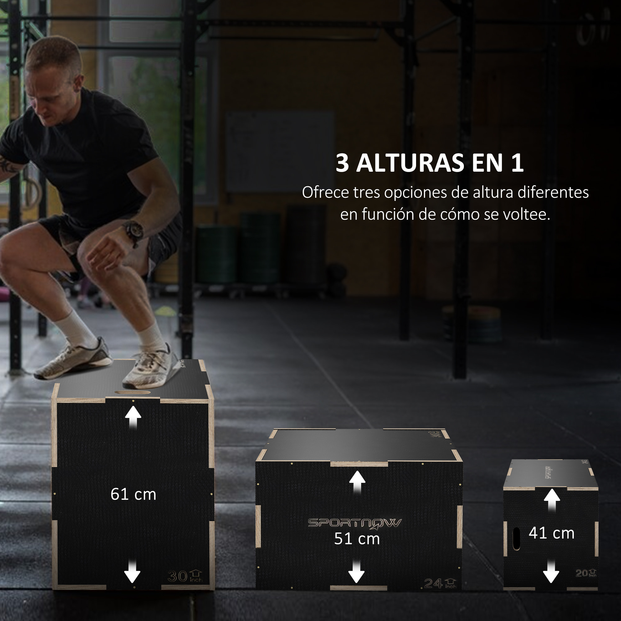 Cajón Pliométrico Caja Pliométrica con 3 Alturas Diferentes Entrenamiento de Fuerza en Casa Oficina Gimnasia CrossFit Carga 120 kg 61x51x41 cm Negro