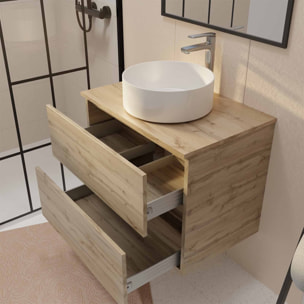 Meuble de salle de bains 70 cm TIMBER Décor Chêne 2 tiroirs Vasque blanche sur plan et Miroir 70x50