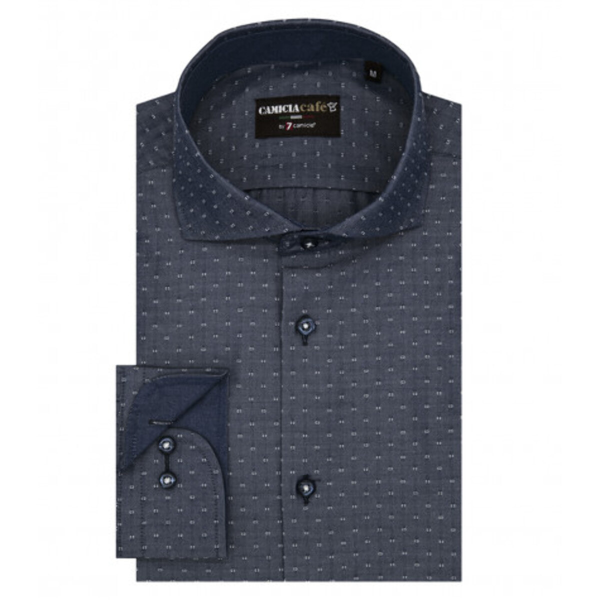 Camicia Uomo 1 Bottone Francese Slim Cotone Poliestere Jacquard Blu