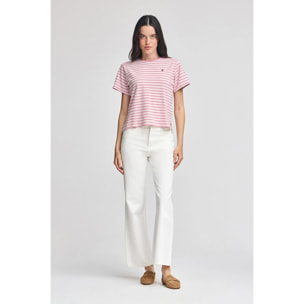 Camiseta de rayas rosa empolvado y beige con monograma bordado