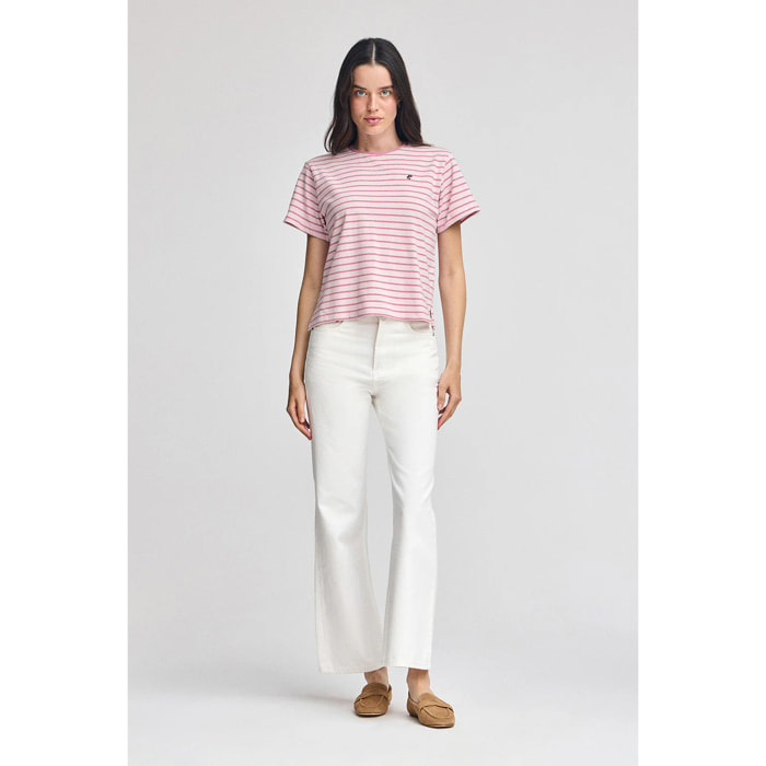 Camiseta de rayas rosa empolvado y beige con monograma bordado