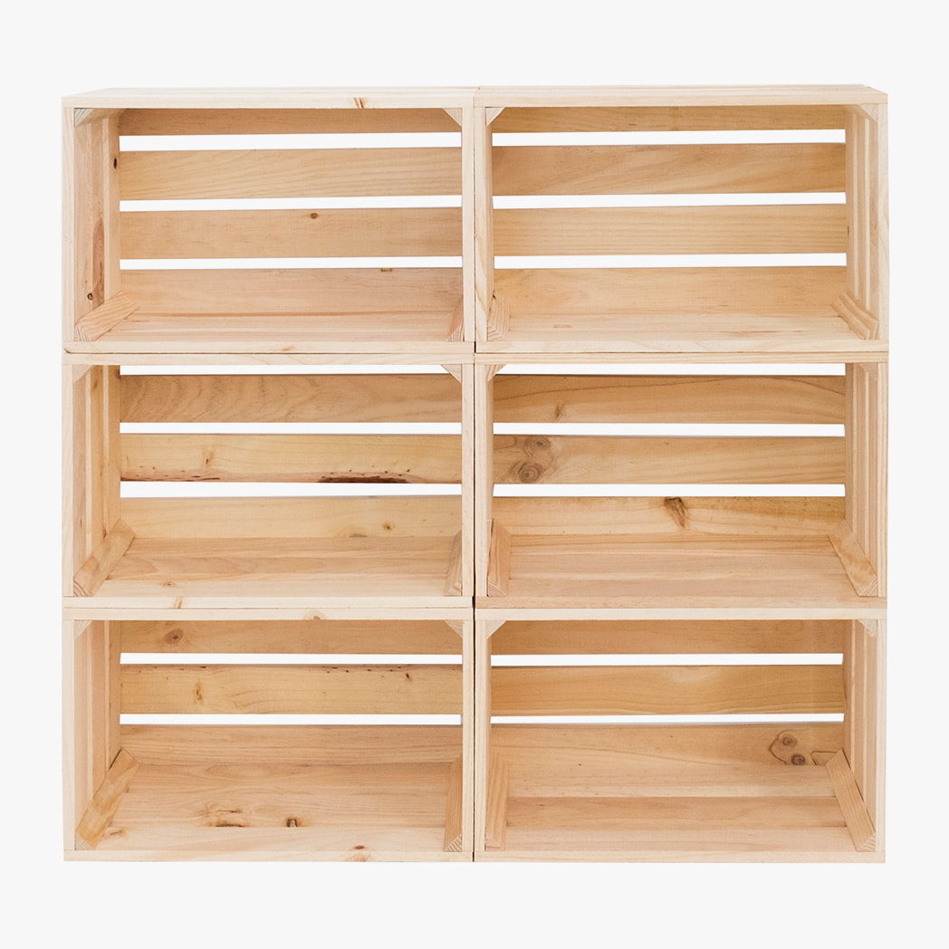 LPack 6 grandes caisses en bois massif ton naturel Hauteur: 25.5 Longueur: 49 Largeur: 29.5