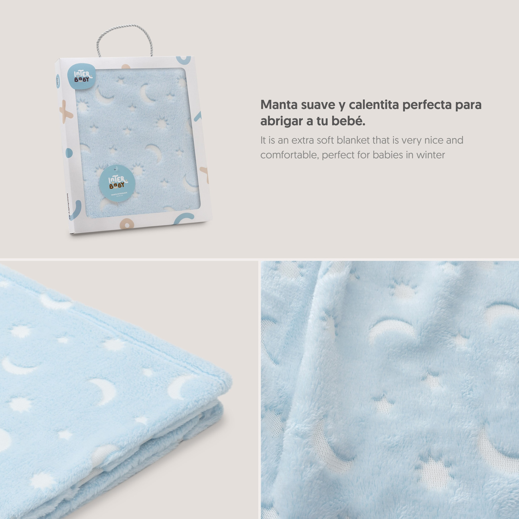 Manta Grabada Luna Estrellas Azul