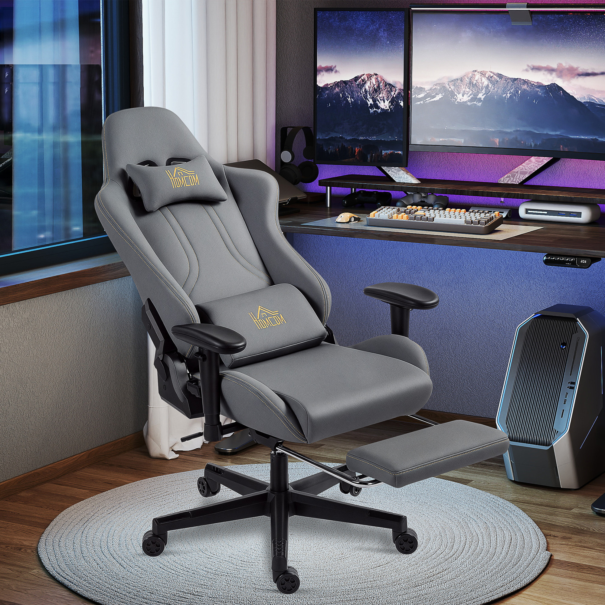 Chaise de bureau gaming ergonomique - chaise gaming réglable inclinable - fauteuil gamer avec coussins - tissu suédine gris
