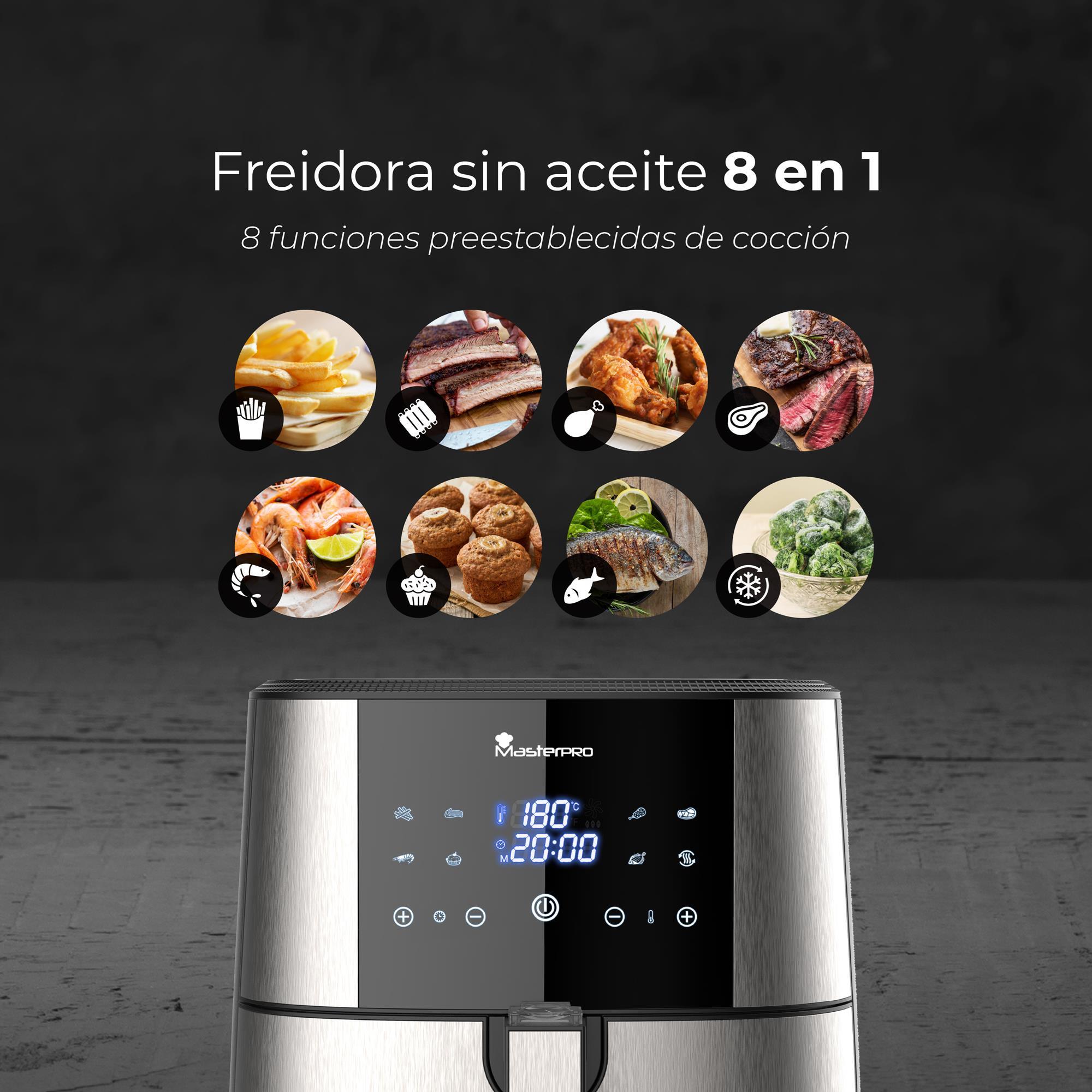 Freidora de aire sin aceite con capacidad de 6l y 1800w de potencia con pantalla led táctil con 8 funciones diferentes masterpro