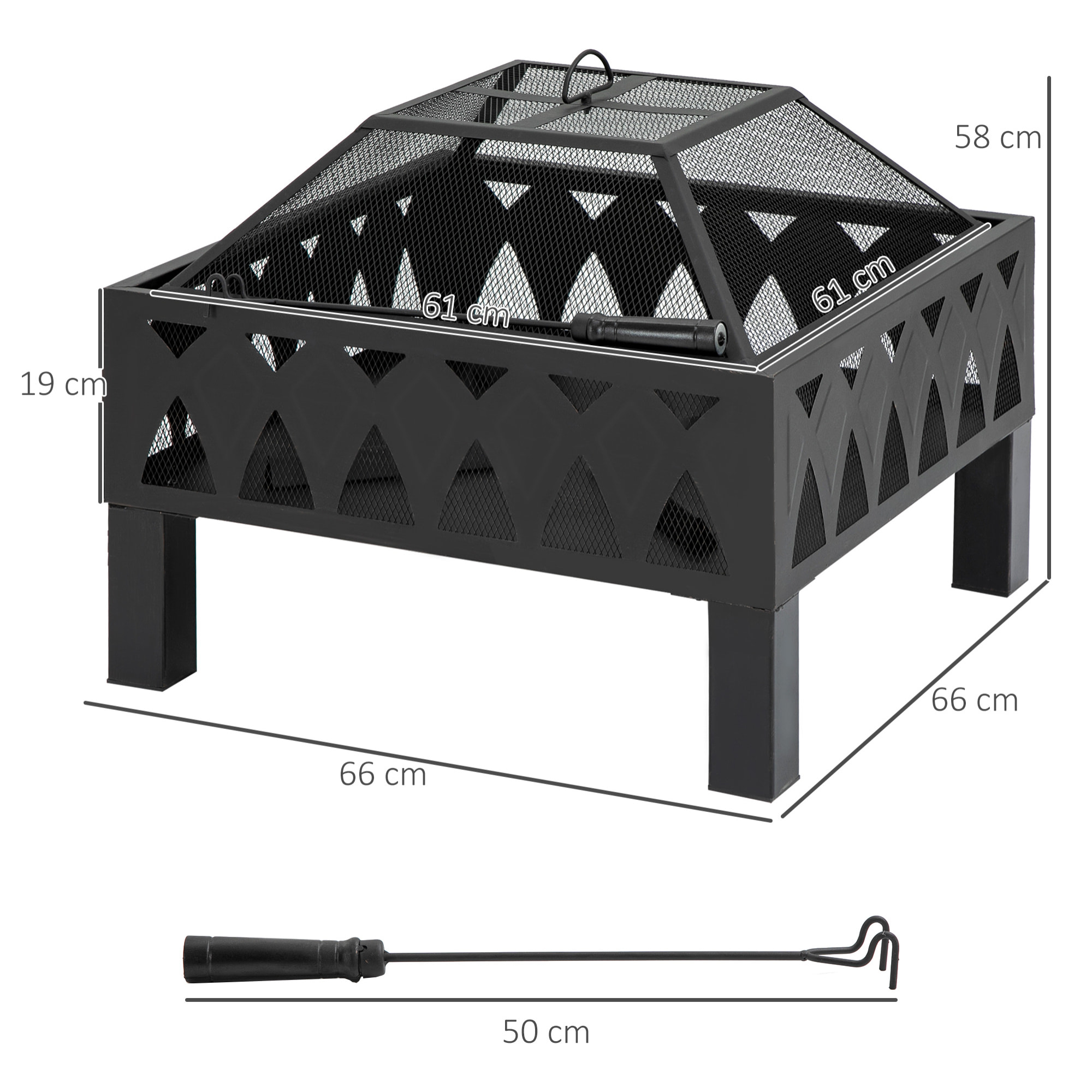 Brasero cheminée foyer extérieur dim. 66L x 66l x 58H cm couvercle tisonnier métal noir