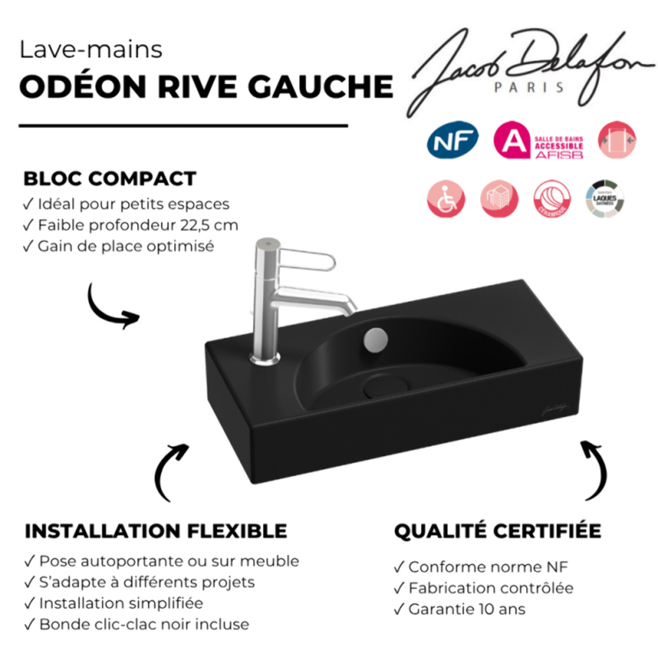 Lave-mains compact 50 cm Odéon Rive Gauche 1 trou de robinetterie à gauche Noir satiné avec bonde