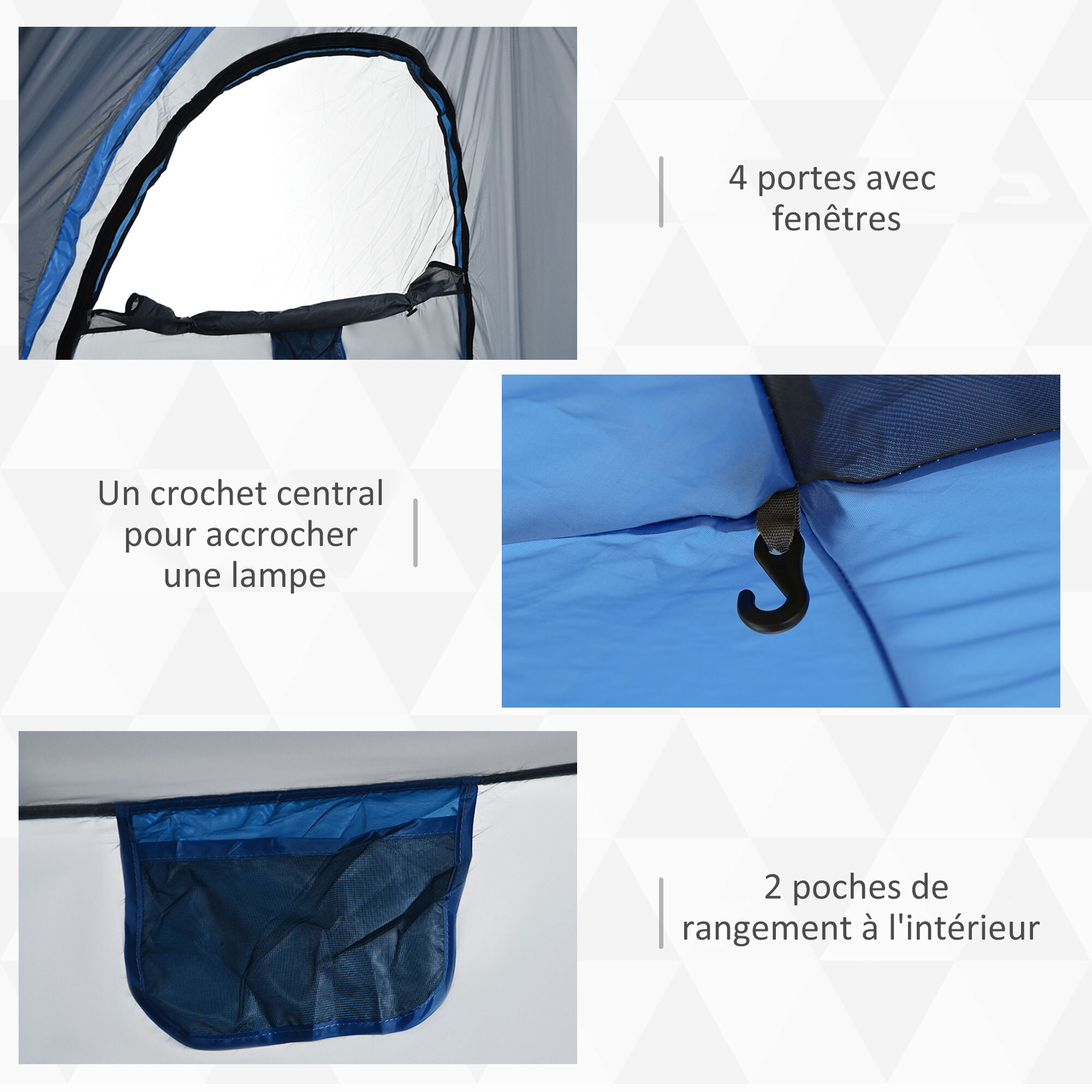 Tente de camping familiale 4 personnes montage instantanée pop-up 4 fenêtres pare-soleil dim. 2,4L x 2,4l x 1,95H m fibre verre polyester bleu anthracite