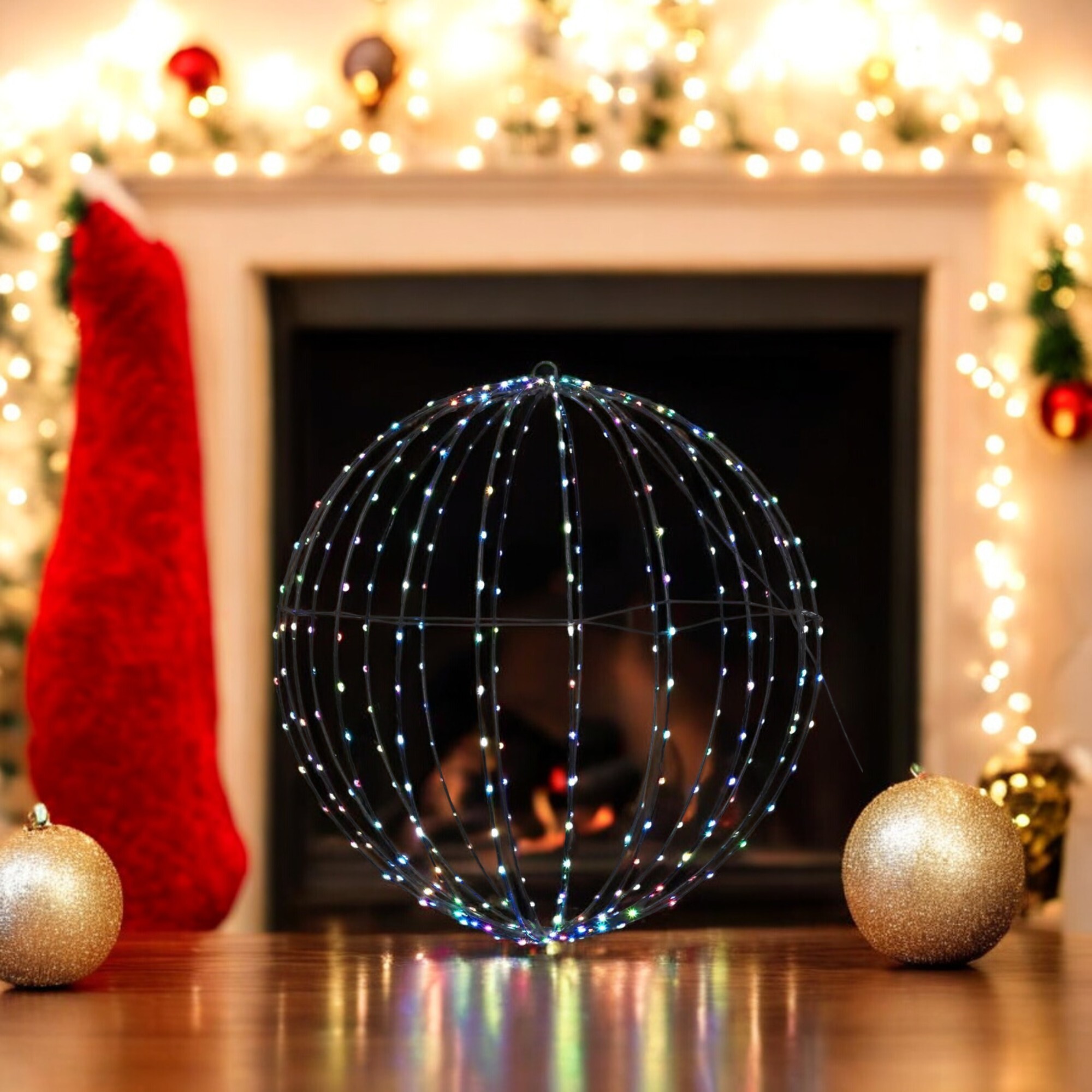 iluminación navideña de bola metálica plegable con 224 luces led rgb y control remoto