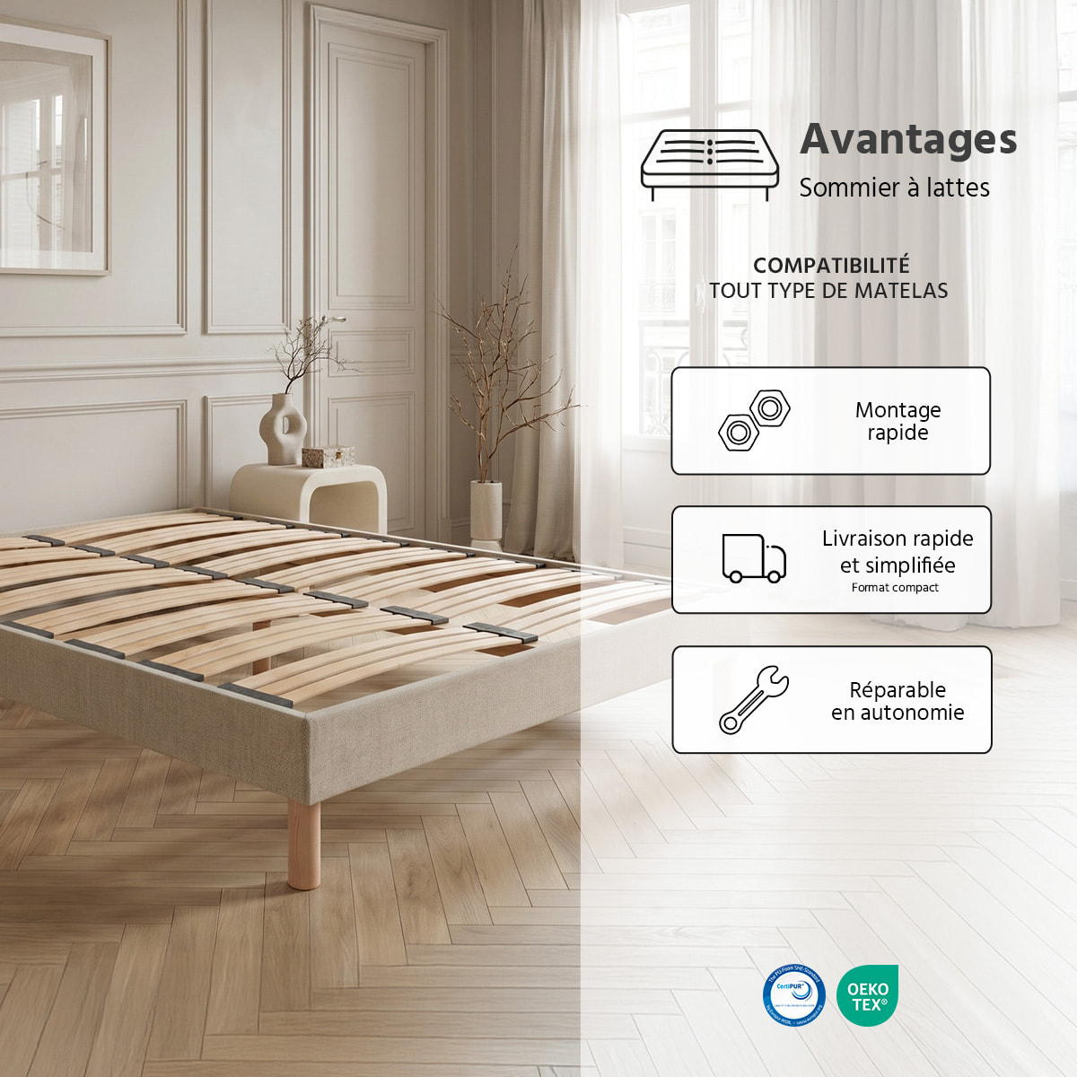 Sommier en kit Lino Technologie Tri-Lattes, Bois Épicéa, H30 cm, Montage Facile, Aération Optimale