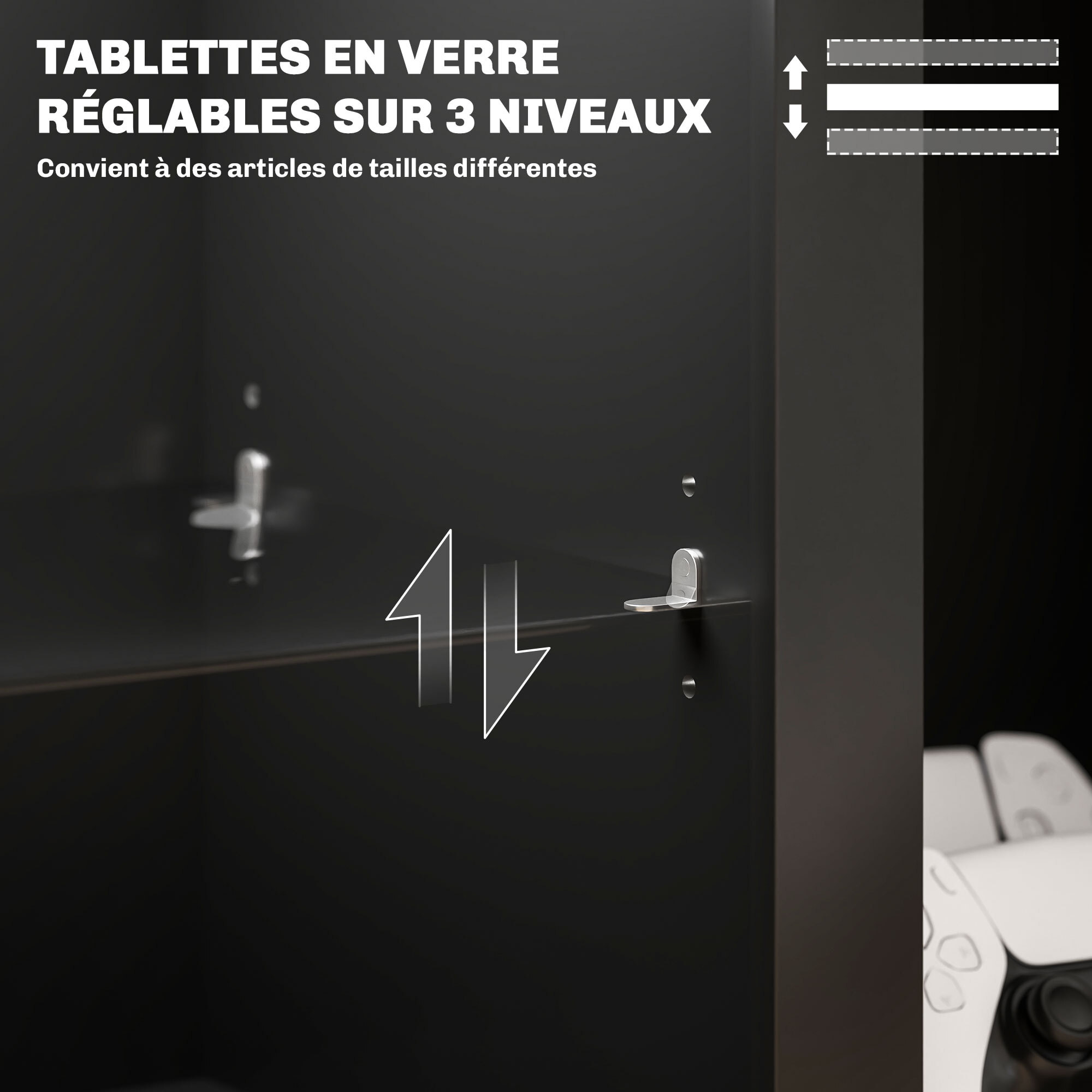 Meuble TV design LED - banc TV contemporain - 2 étagères verre, grande niche et plateau - dim. 160 x 35 x 35 cm - noir