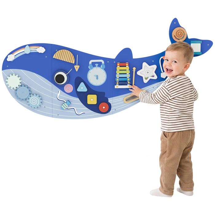 Tablero Sensorial Montessori, Tema Ballena, Busy Board, Panel Sensorial Montessori 13 en 1 de Pared, Juguetes de Aprendizaje para Niños y Niñas +2 Años, Azul