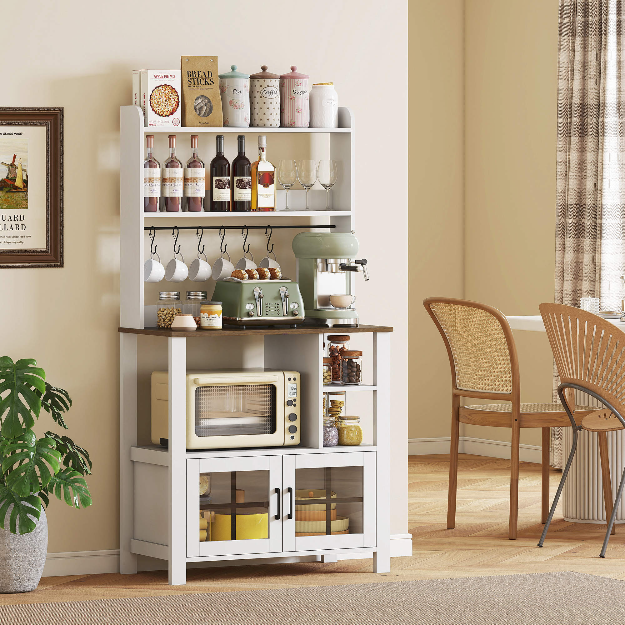 Alacena de Cocina Alta, Mueble Auxiliar de Cocina, con 6 Ganchos para Tazas, 2 Puertas de Vidrio, Estantes Abiertos, Blanco, 80x40x152 cm