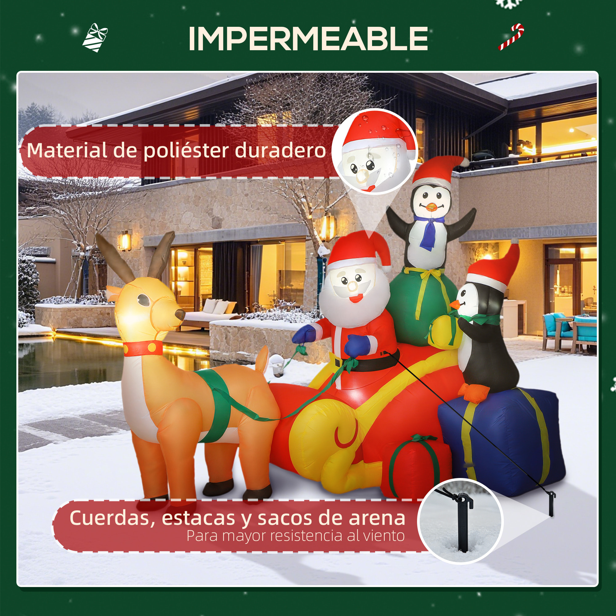 Papá Noel Hinchable con Trineo, PingÃƒÂ¼inos y Renos, Inflables de Navidad con Luces LED, Decoración de Navidad para Exterior e Interior, 180x120x155 cm