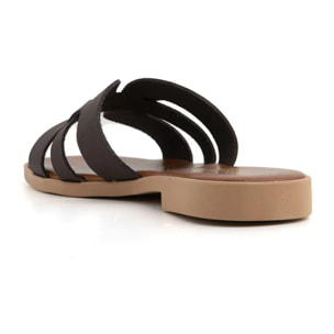 Ciabatta slide con fasce incrociate in vera pelle - MORO