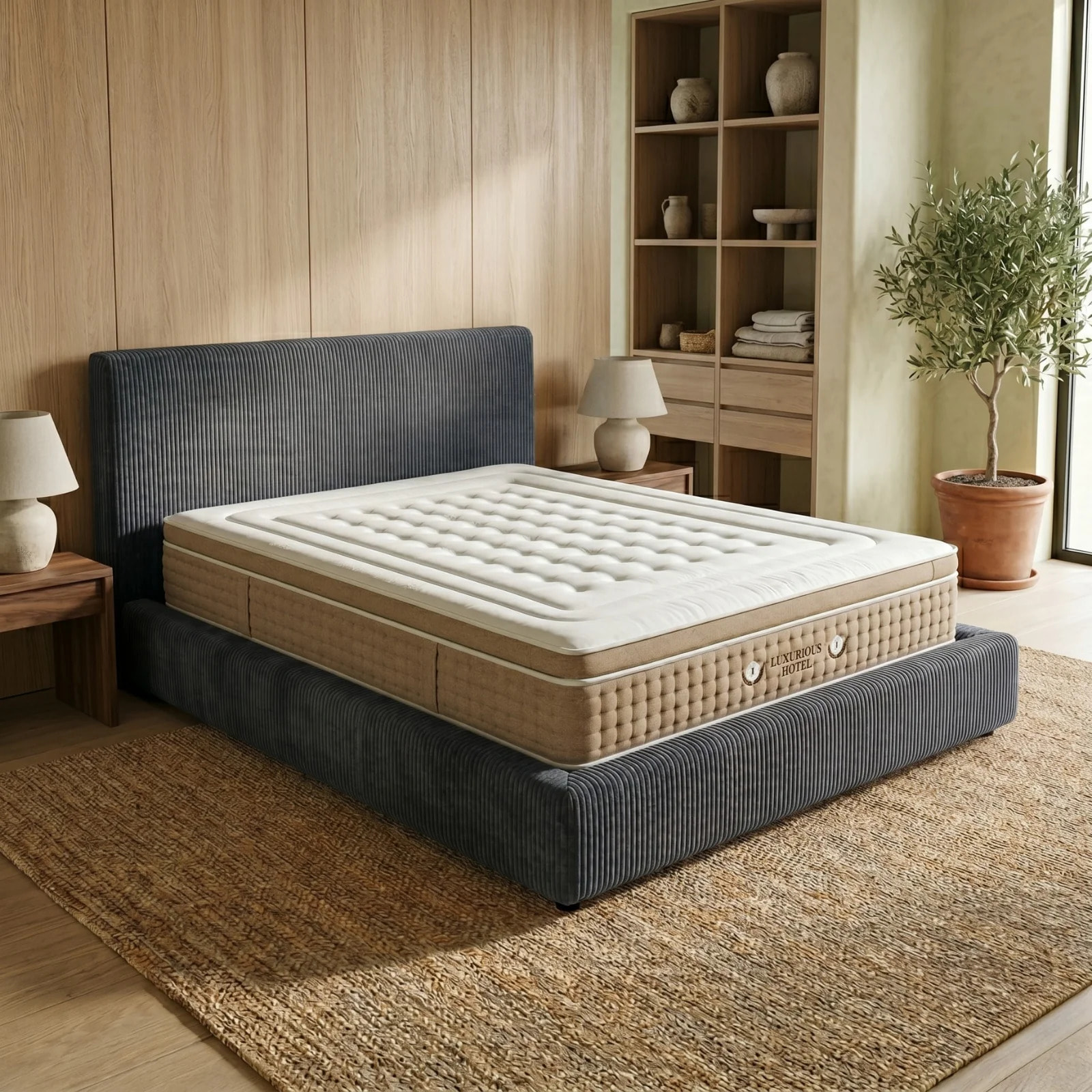 Ensemble matelas Bali & lit coffre Colisée | Mémoire de forme et ressorts ensachés | Grande capacité de stockage | Bouclette | Camel