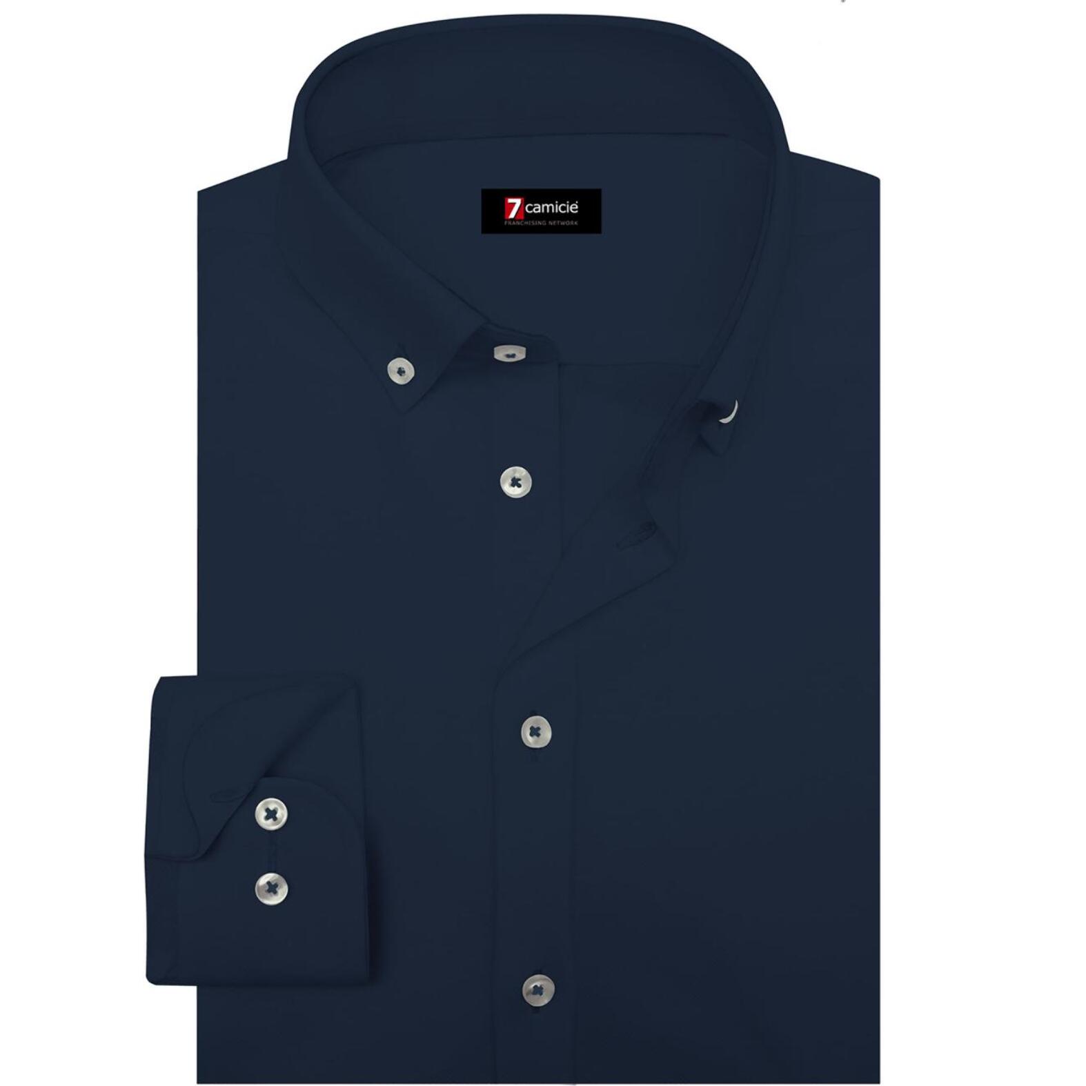 Camicia Uomo 1 Bottone Button Down Slim Popeline Stretch Unito Blu