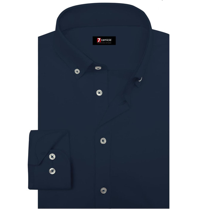 Camicia Uomo 1 Bottone Button Down Slim Popeline Stretch Unito Blu