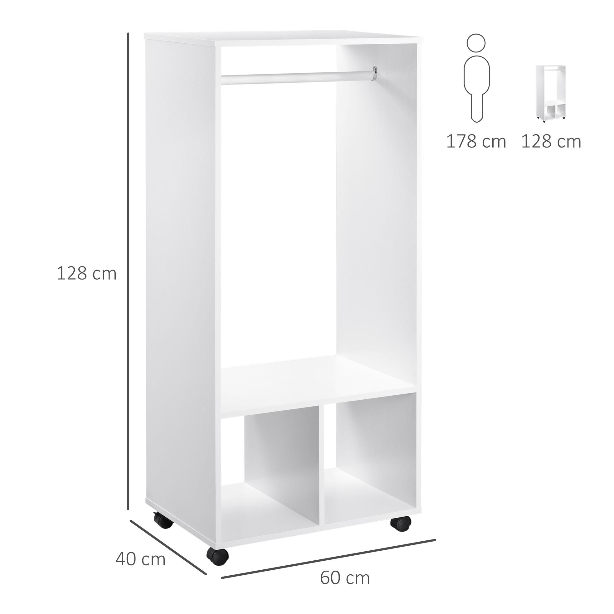 Armario Ropero Abierto Móvil de Madera 60x40x128cm Blanco