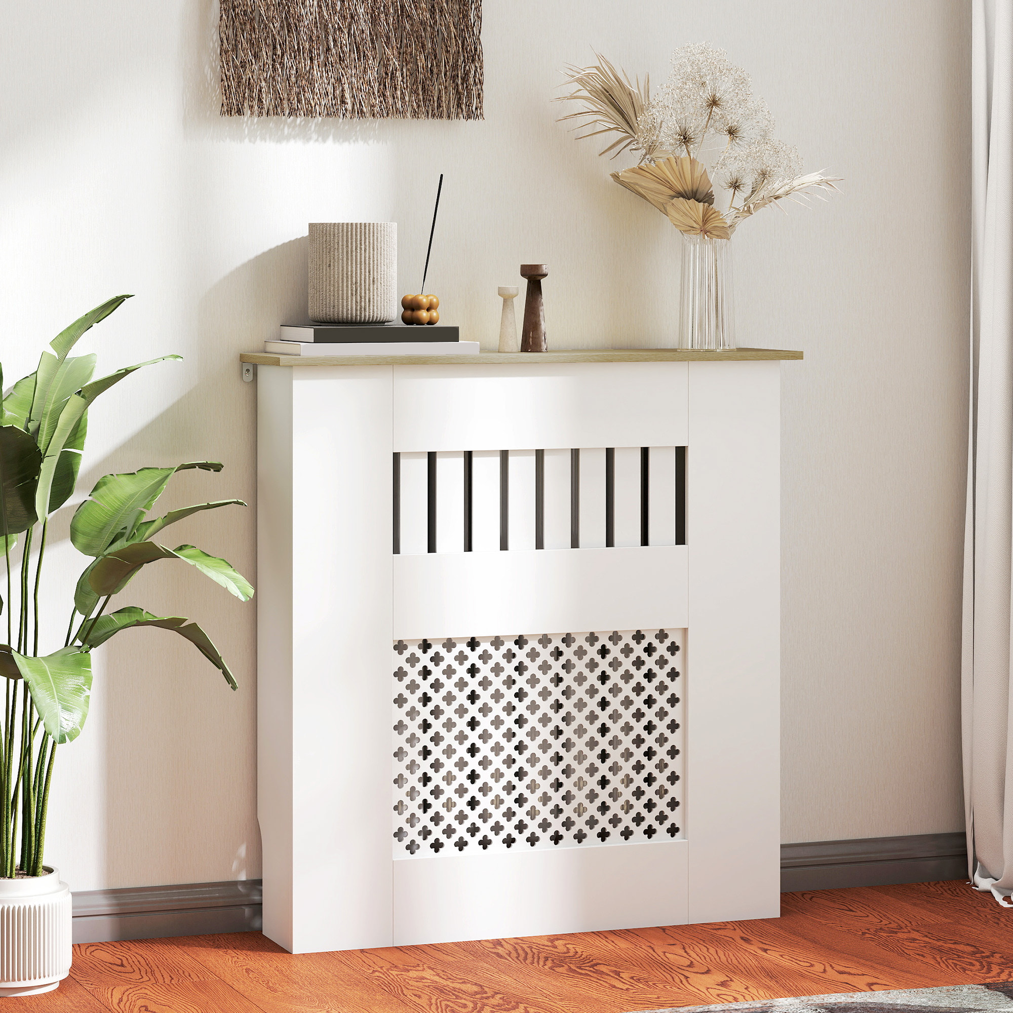 Cubre Radiadores, Cubreradiador de MDF, 78x19x81 cm, Cubierta para Radiador, Diseño Moderno de Listones y Nido de Abeja, para Salón, Dormitorio, Blanco